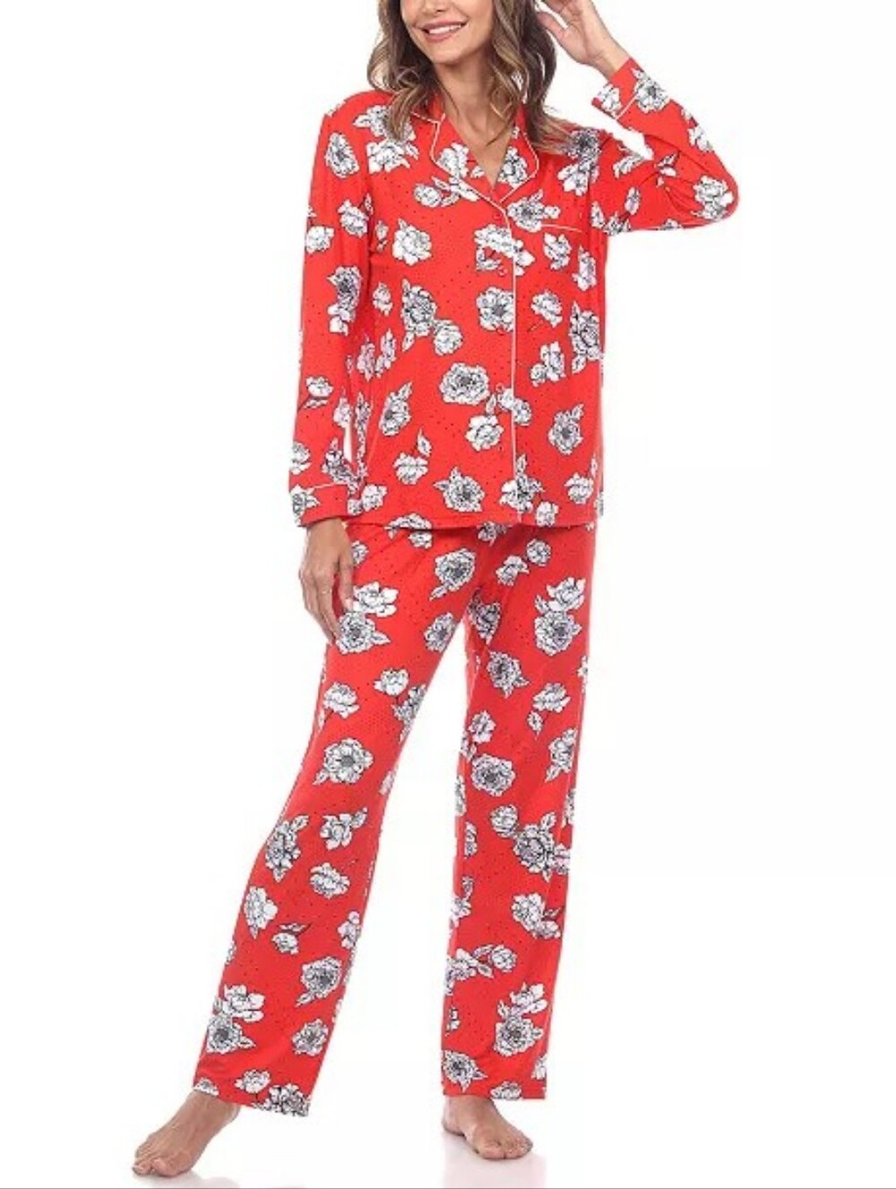 White Mark Red Floral Button-Down Long Pajama Set - Size Medium